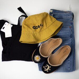 Black Tie-Back Top + Madewell Vintage Jean + Bucket Hat + Embroidered Flats